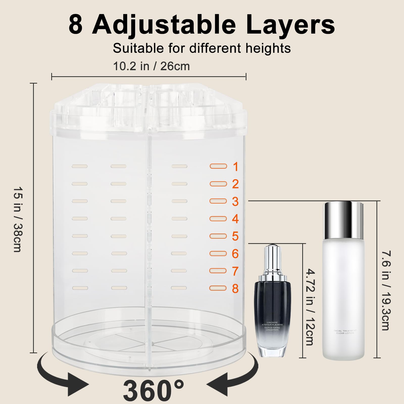 AMEITECH Makeup Organizer, 360 Degree Rotating Adjustable Cosmetic Storage Display Case with 8 Layers Large Capacity, Fits cosme