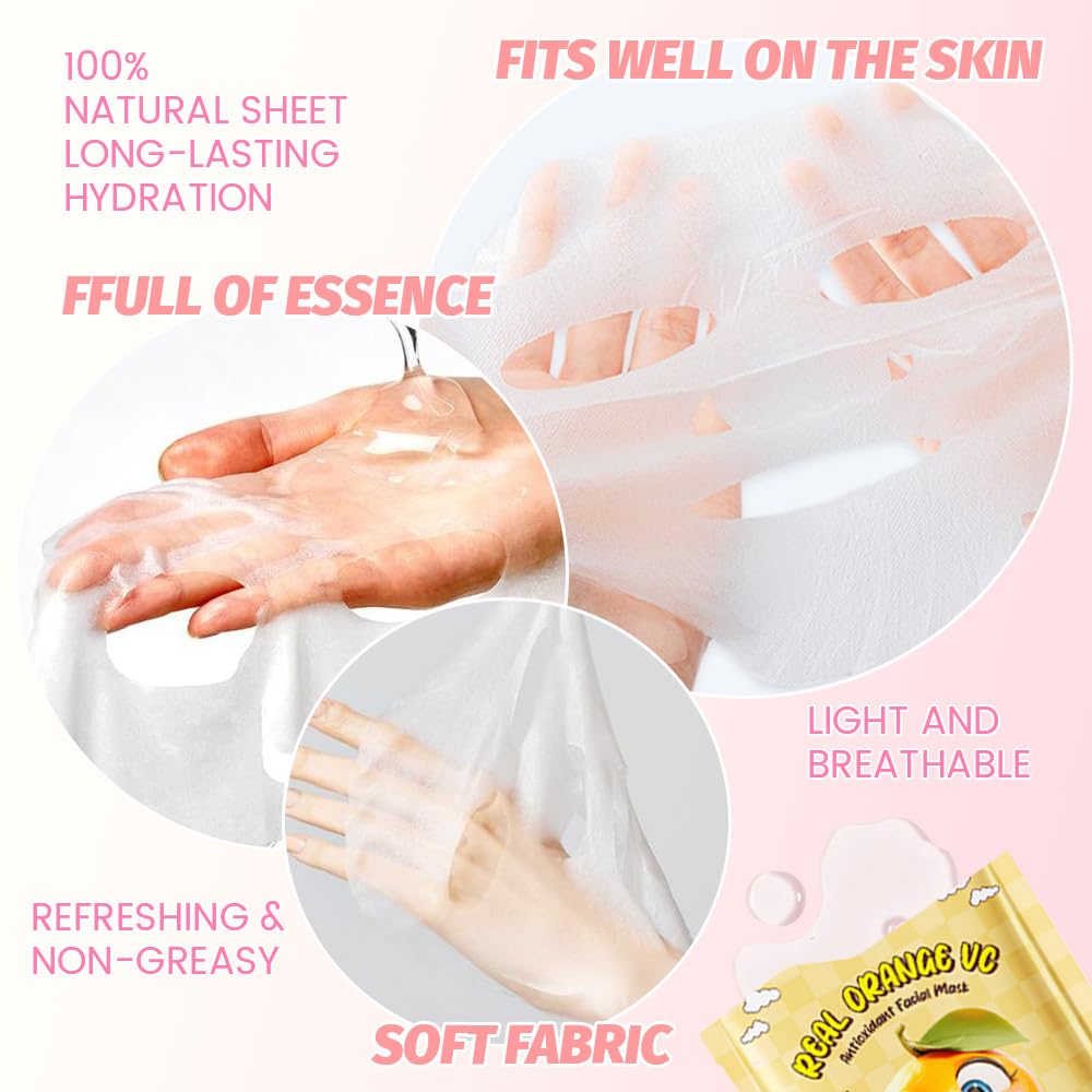 Kaely 10 Pack Vitamin C Face Masks For Kids, Spa Party Facial Mask Skincare Set, Sheet Masks Skin Care, Moisturize Brighten Soot