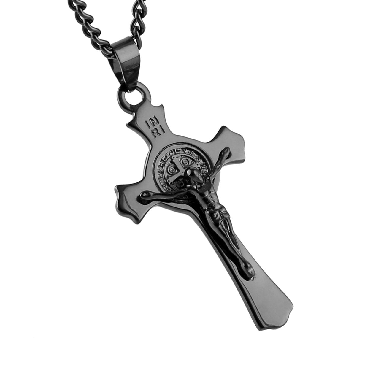 HZMAN Stainless Steel Saint St St. Benedict Crucifix Cross Pendants Necklace INRI (Black)