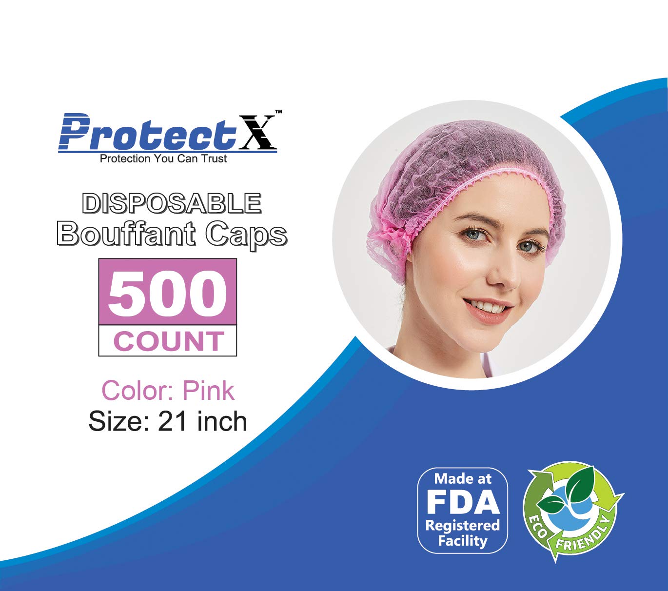 ProtectX 500-Pack Pink Disposable Hair Nets, Elastic Head Cover, Bouffant Caps, Sanitation Head Cover for Food Service, Spa Men