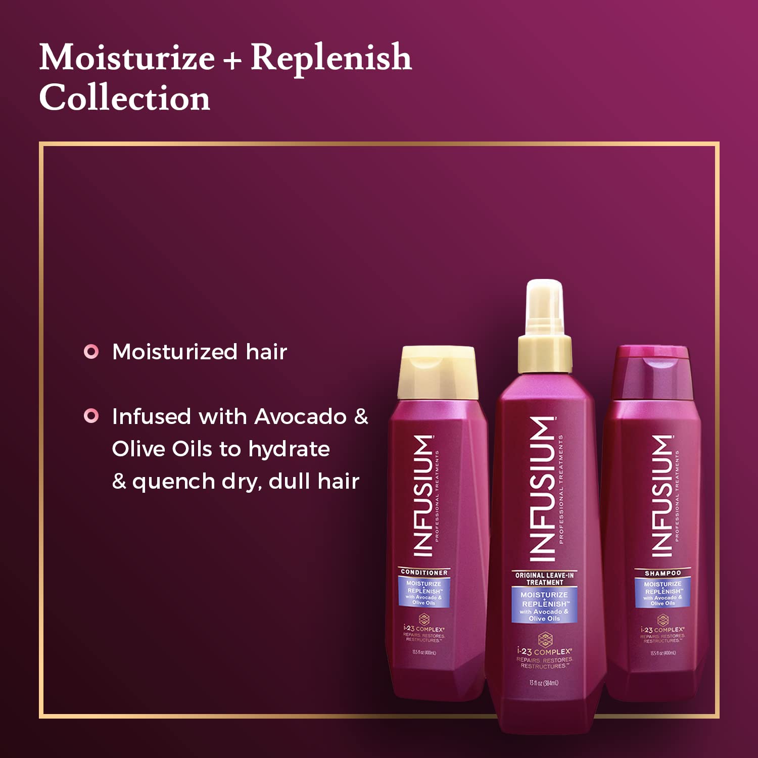 Infusium Professional Shampoo, Conditioner and Leave-In Treatment Set - Moisturize and Replenish - Avocado & Olive Oil, 3 13.5oz