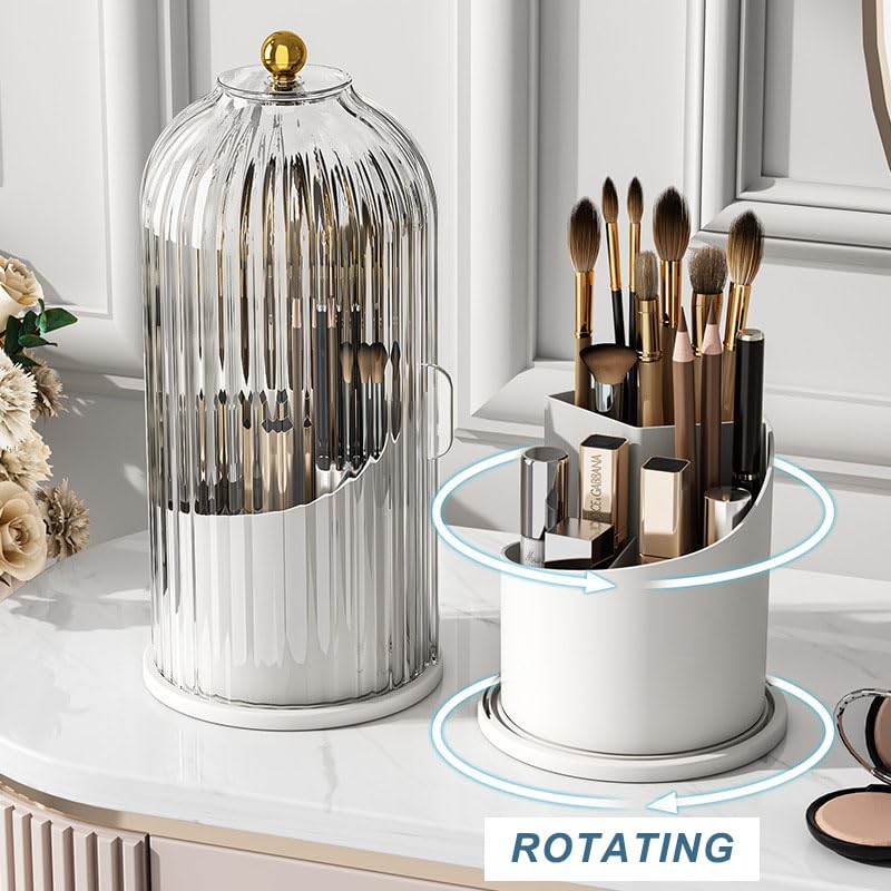 Ezebesta Makeup Brush Holder Organizer with Clear Lid 360 Rotating Sliding Opening Dustproof Brushes Container for Vanity