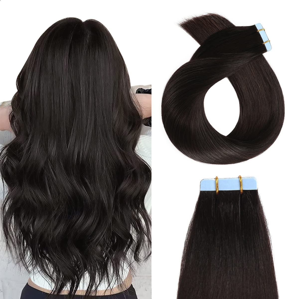 Yilite Off Black Tape In Hair Extensions Human Hair 26Inch #1B 20Pcs 60G/Pack Straight Tape In Human Hair Extensions Seamless Sk