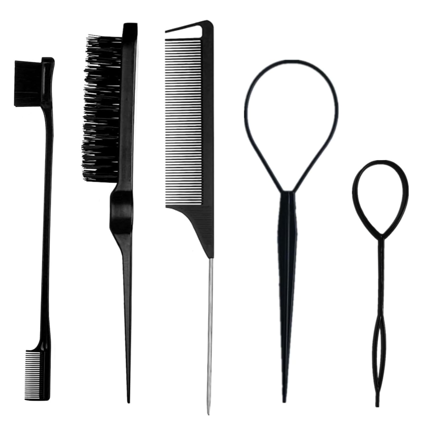 Street27 5Pcs Slick Back Hair Brush Set With 2Pcs Topsy Hair Tail Tool | Bristle Teasing Hair Brushes | Edge Brush | Rat Tail Co