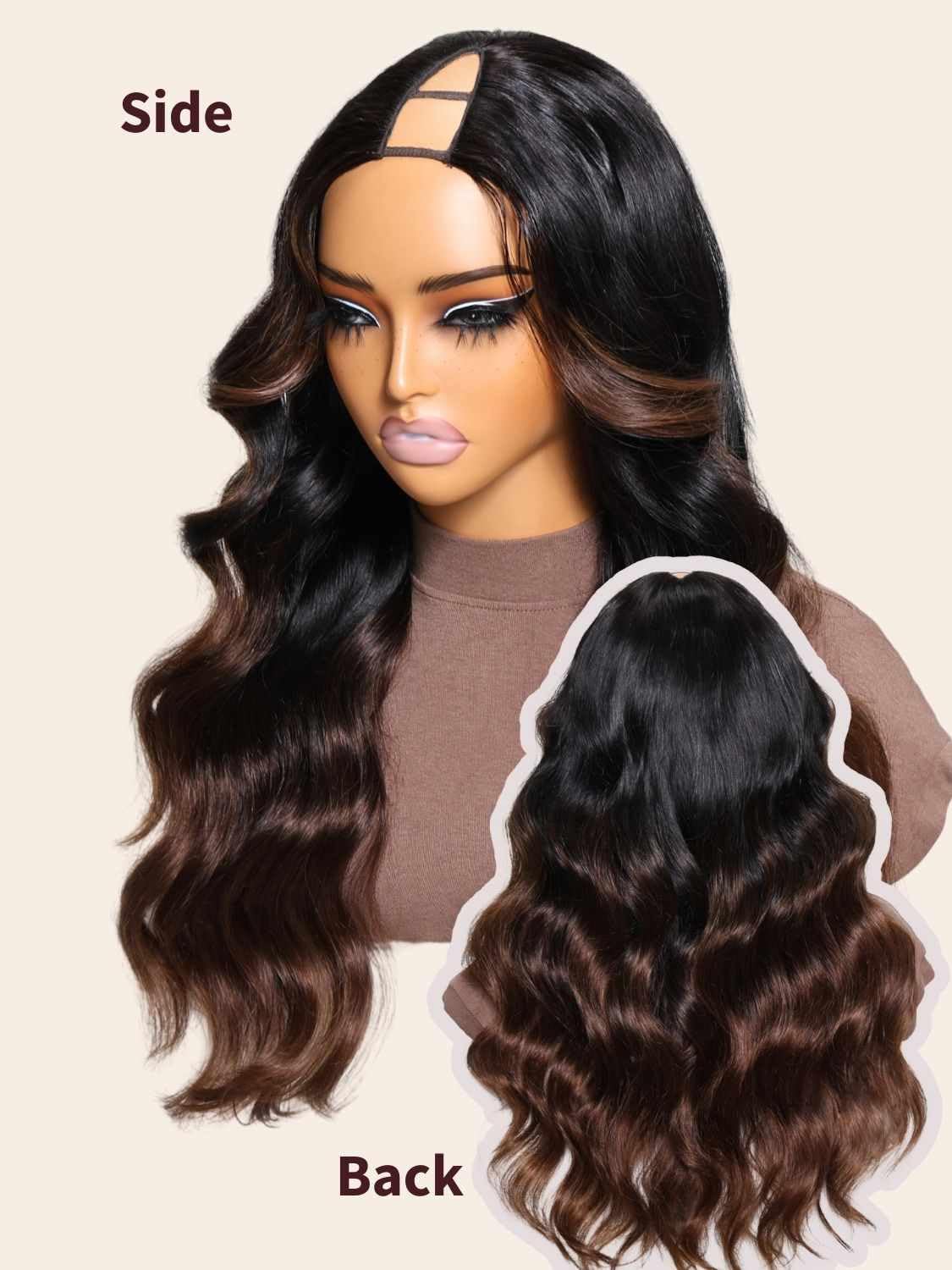 Beauty Forever V Part Wig Human Hair Black To Chestnut Brown Ombre Body Wave Wig Upgrade U Part Wigs Glueless Full Head Clip In
