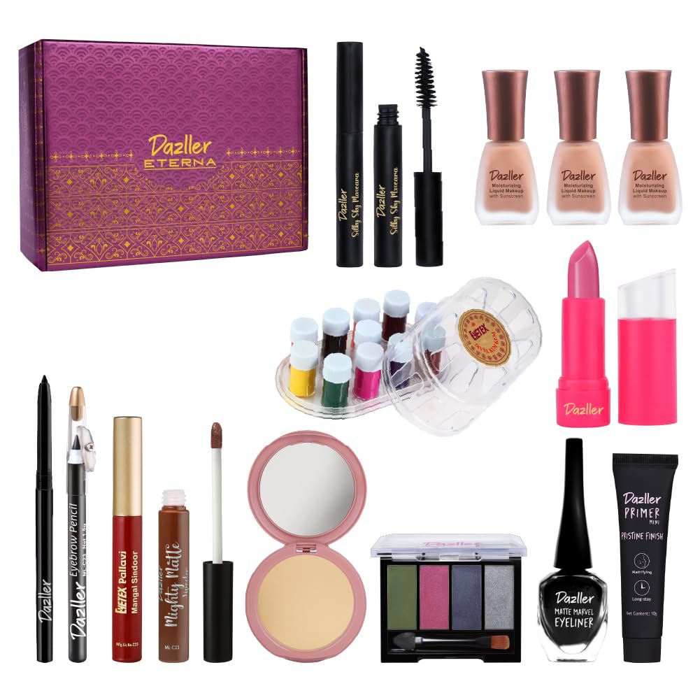 Dazller Grand Glam Kit - Deep Skintone, All-In-One Makeup Set With Primer, Liquid Foundation, Kajal, Mascara, Eyeshadow & More, 