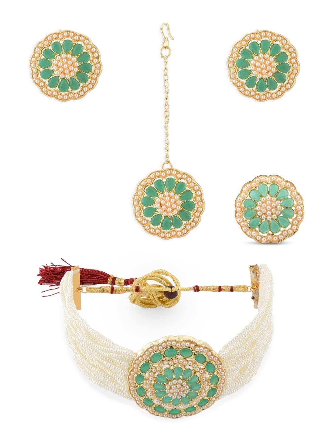 Zaveri Pearls Green Stones Multistrand Pearl Choker Necklace Earring Maangtikka & Ring Set For WomenZpfk12141