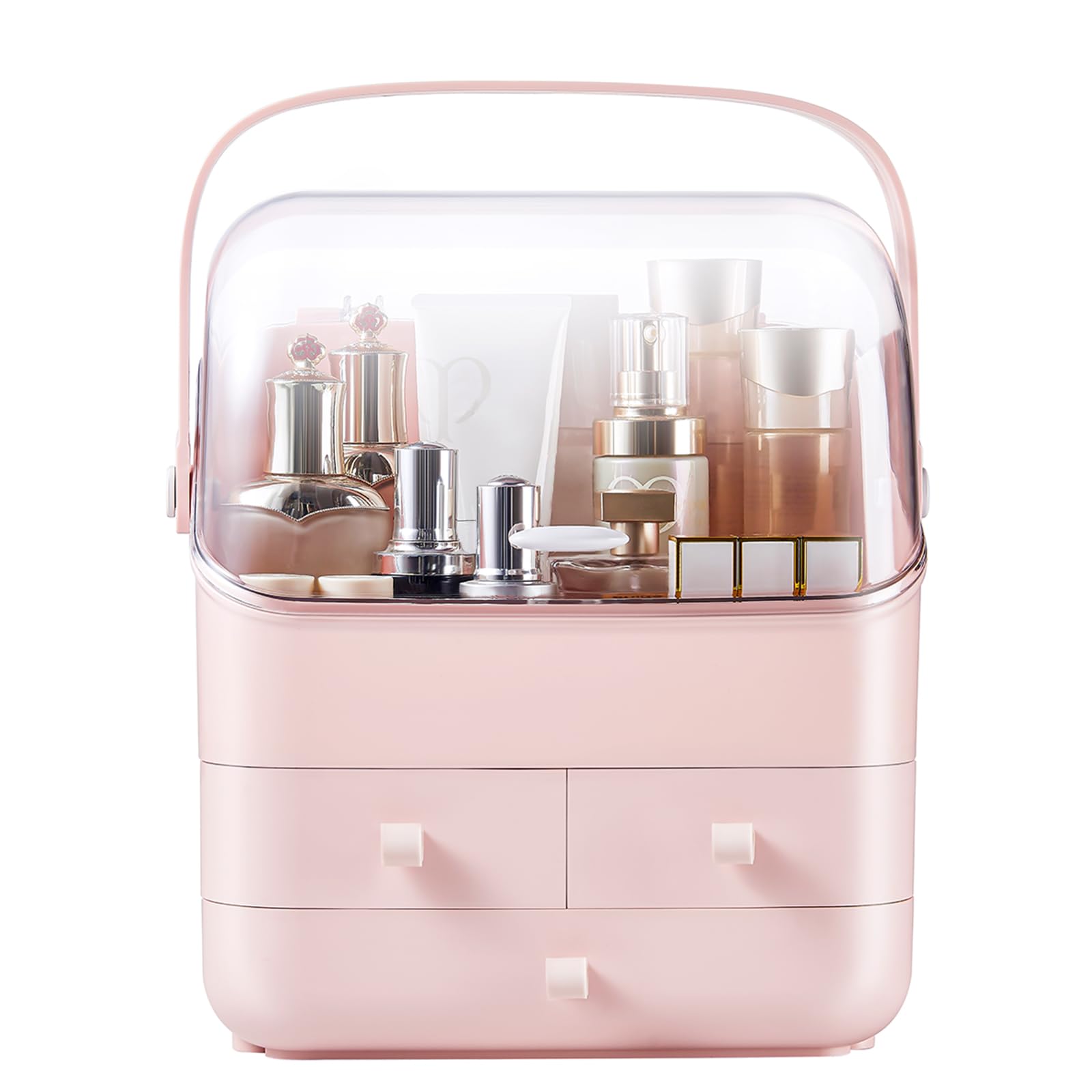 Sunficon Pink Makeup Organizer Holder Cosmetic Storage Box With Dust Free Cover Portable Handle,Fully Open Waterproof Lid, Dust