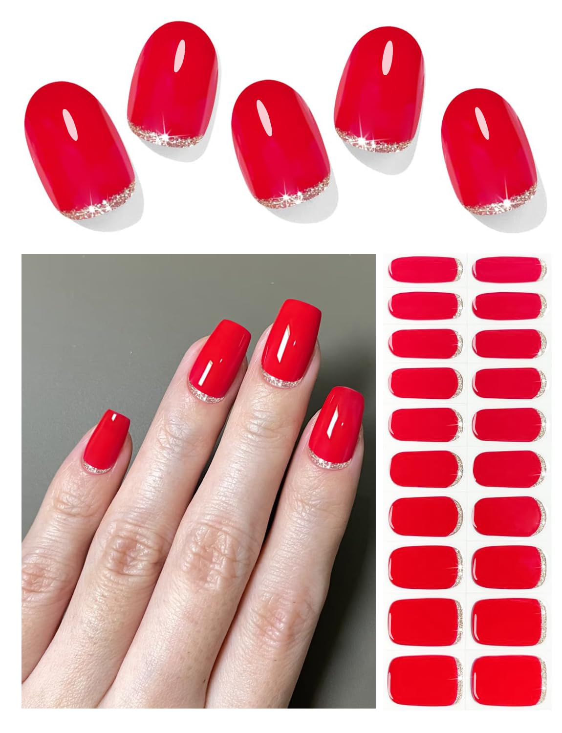 Semi Cured Gel Nail Strips, 20pcs Gel Nail Stickers UV, Semi Cured Gel Nail Wraps for Home Nails DIY (Red Glitter)