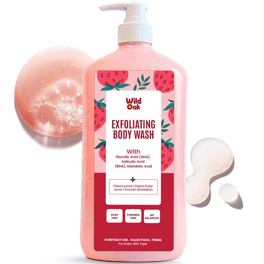 Wildoak Aha Bha Exfoliating Body Wash | 750Ml Value Pack | Salicylic, Mandelic, Glycolic Acid & Probiotics | Shower Gel | Body A