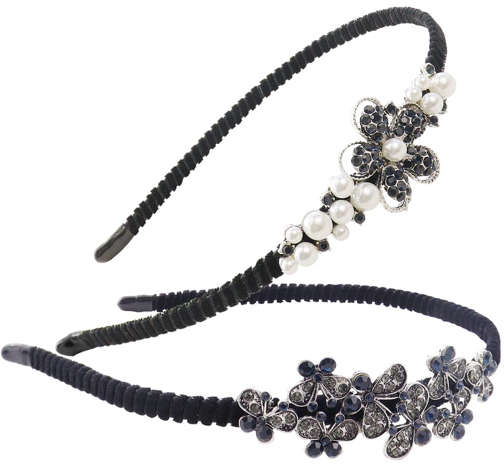 TCOTBE 2 Pack Rhinestone Hair Accessories: Crystal Headbands, Shiny Butterfly Flowers, Vintage Sparkly Beaded Hoops, Pearl Jewel