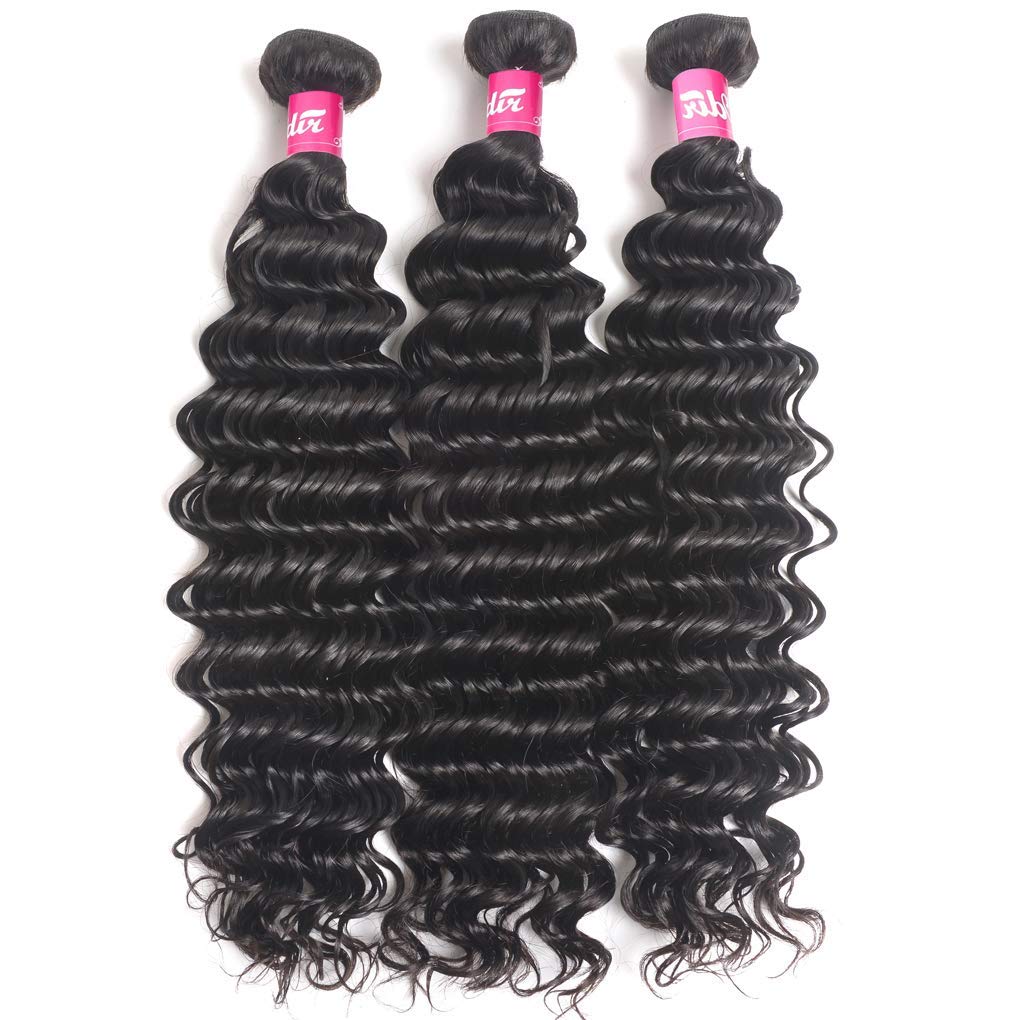 Odir Deep Wave Human Hair Bundles - 18/20/22 Inch Unprocessed 9A Brazilian Remy Hair Extensions, Natural Color