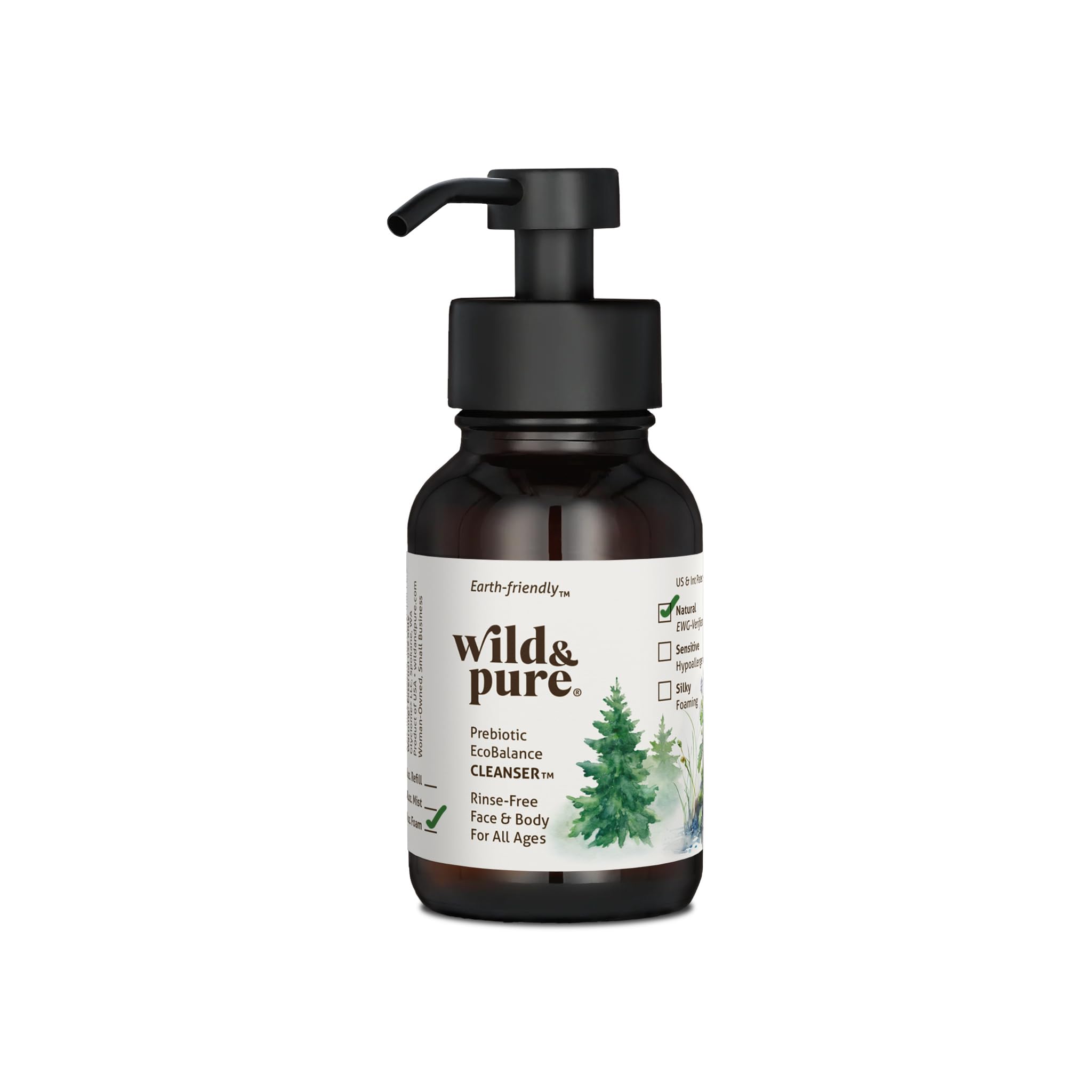 Wild & Pure EWG Verified All Natural EcoBalance Cleanser - 8 Oz Foam | pH Balanced | Face Care, Hands, Below-the-Belt, No-Rinse 