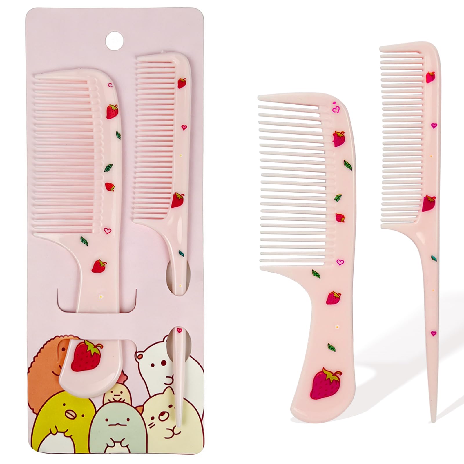 Mini Cute Hair Comb Set with Strawberry Design  2PCS FineTooth & RatTail AntiStatic Plastic Combs for Wet and Dry Hair (Pink