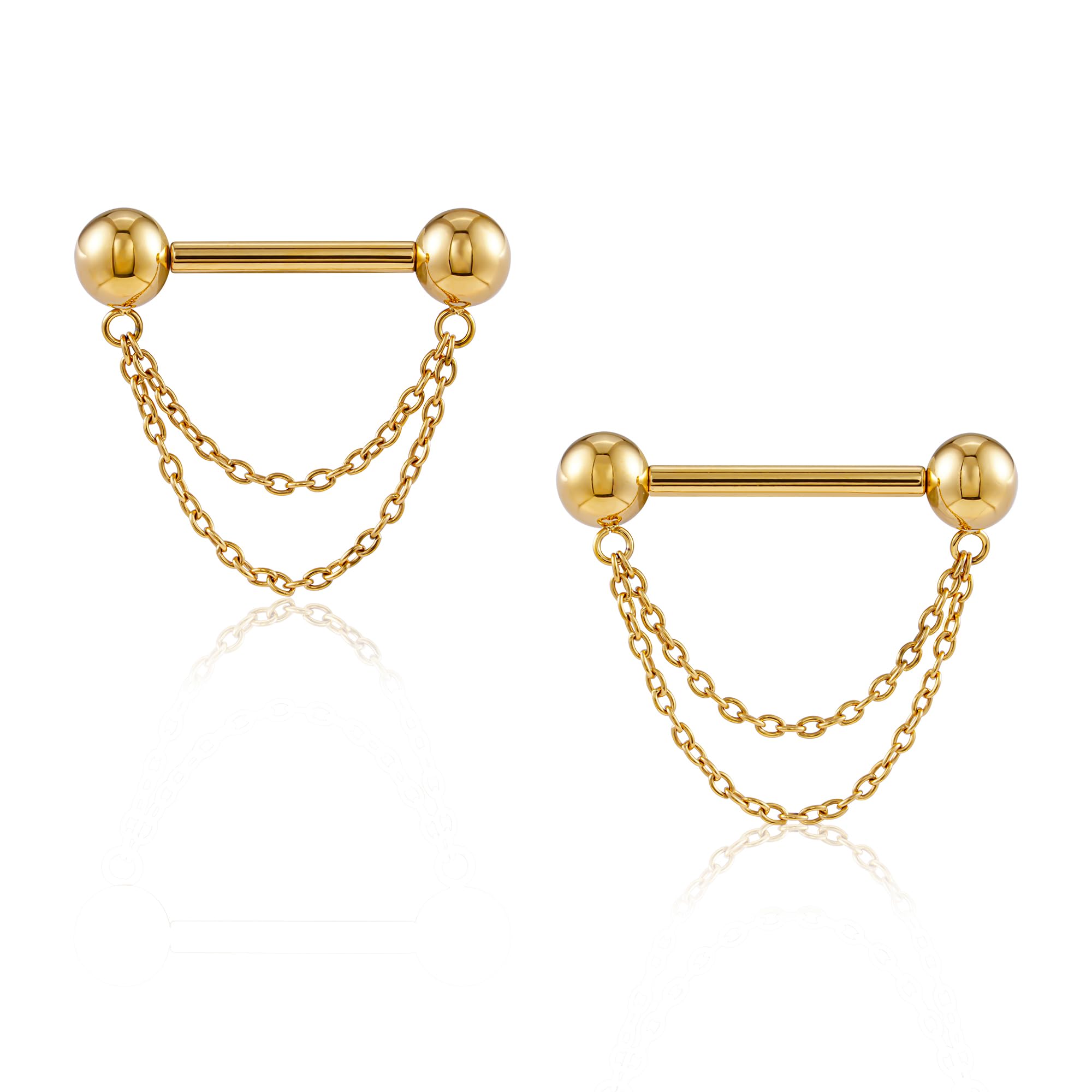 FINE4U Gold Nipple Piercing Jewelry - ASTM F136 Titanium 14G 14mm Rings for Women, Push-in Straight Barbell With Chain, Threadle