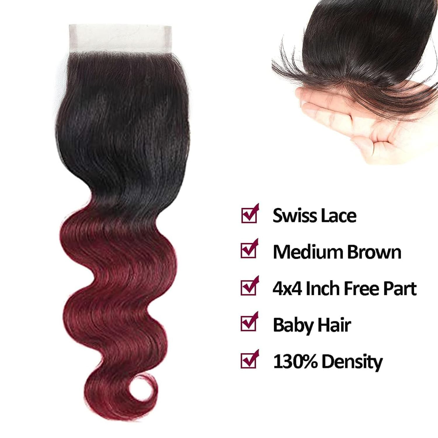 1b/99j Closure 4x4 Transparent Lace 1b/99j Ombre Hair Burgundy Closure With Baby Hair Brazilian Virgin Real Human Hair High Dens
