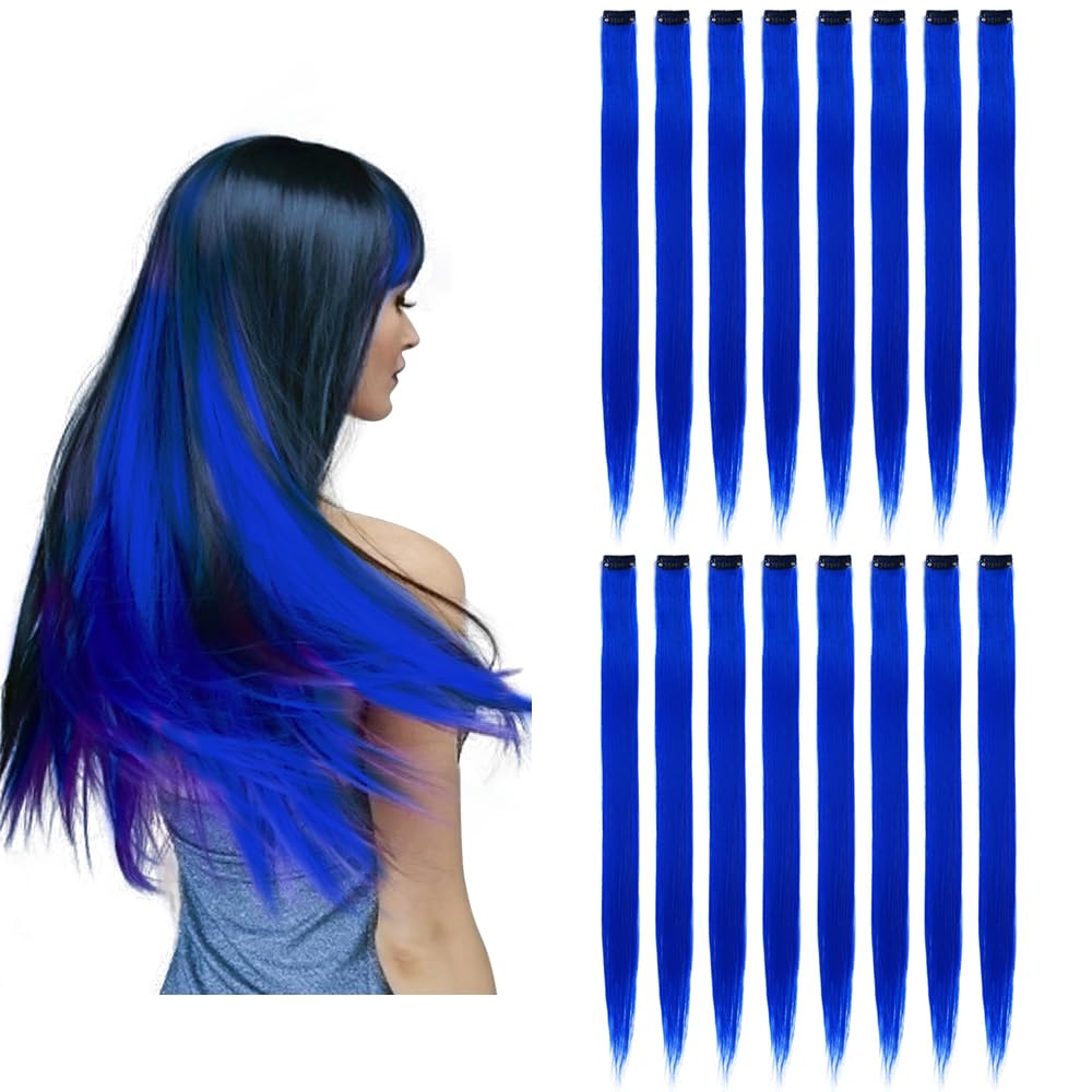 KGBFASS 16Pcs Blue Clip in Colored Hair Extensions 22inch Long Straight Party Highlights Colorful Hair Extensions One Color Clip
