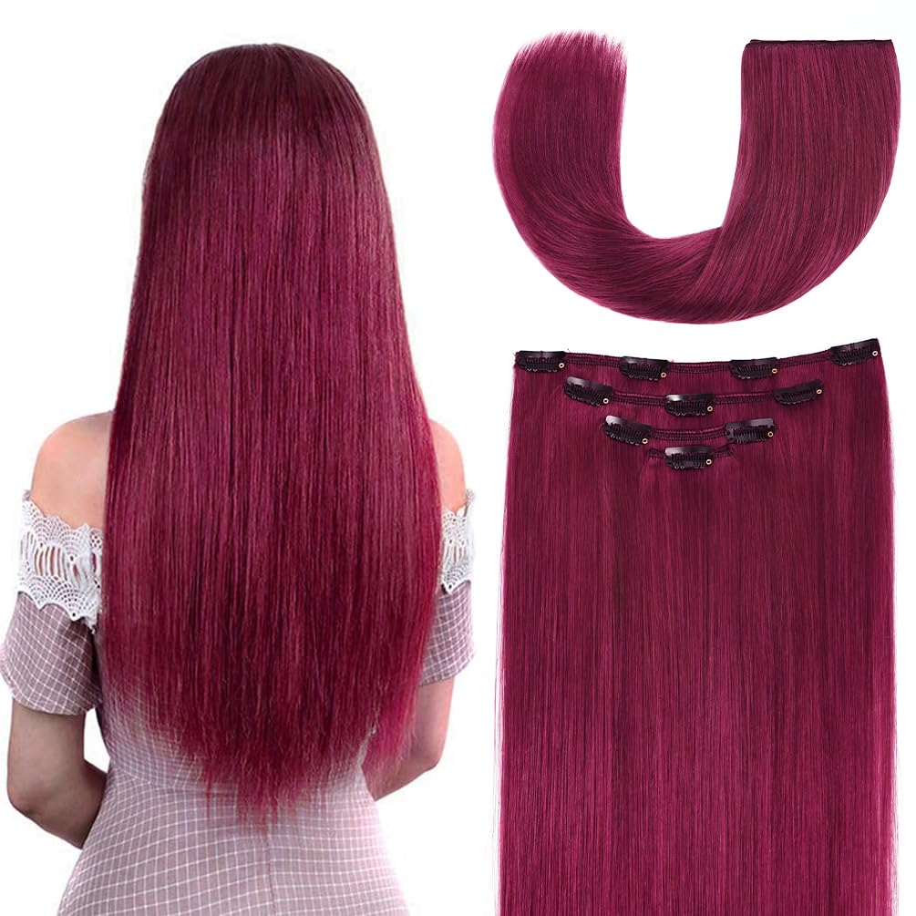 18'' Clip In Hair Extensions Remy Human Hair For Women - Silky Straight Burgundy Real Hair Extensions Clip Ins 68Grams 4Pieces (