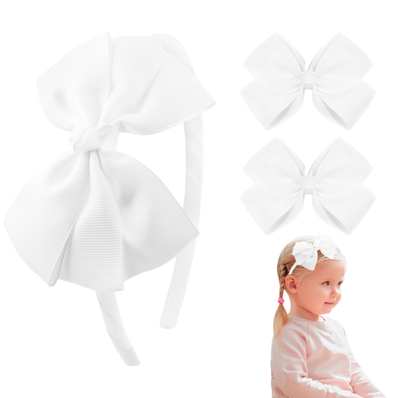 Thinslimer 3 Pack Headband with Clips Set Uniform Hair Accessories Bow Headbands for Girls White Headband for Women