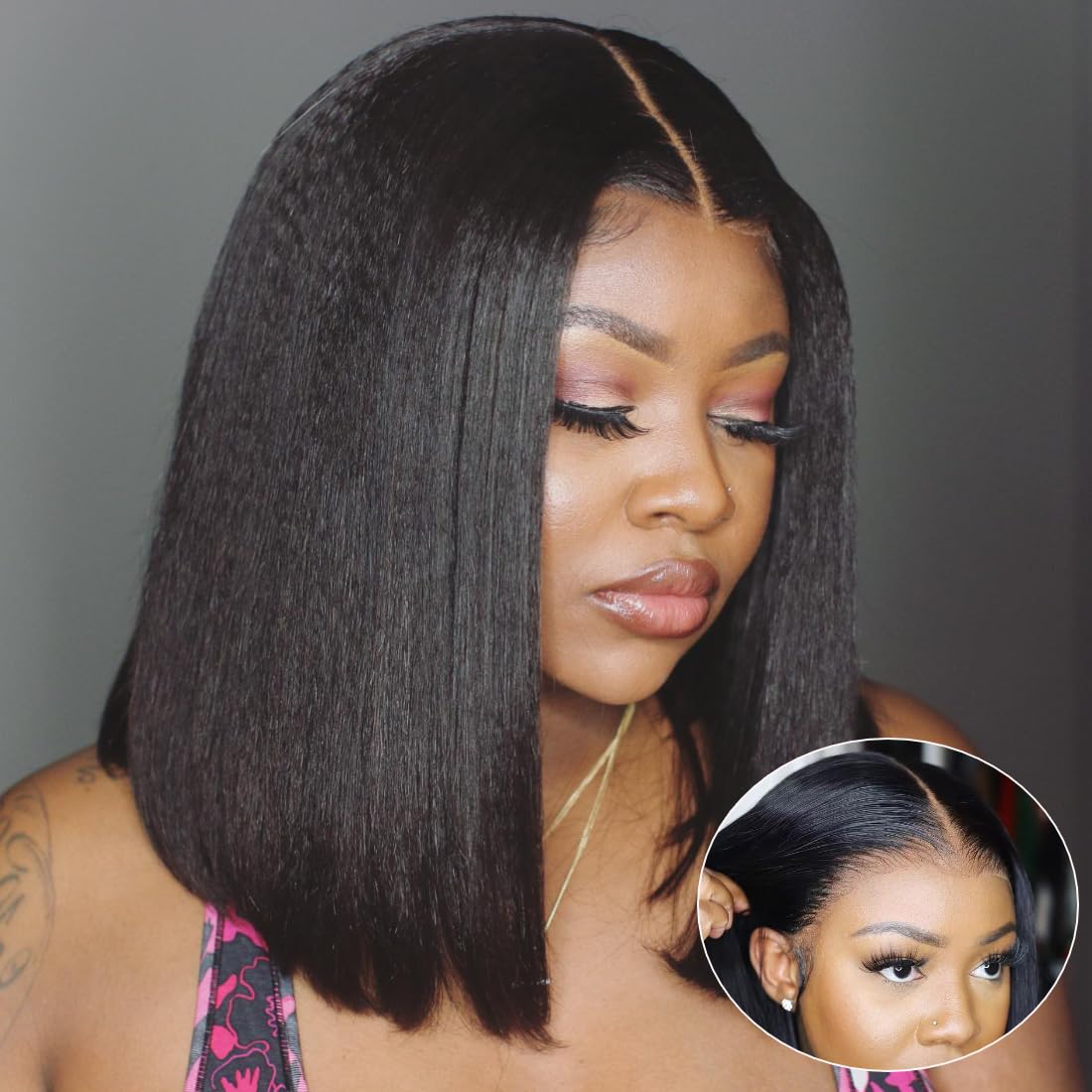UNICE 10 Inch Yaki Straight Bob Wig - Human Hair, Pre-Plucked, Glueless, Invisible Knots, Black Color