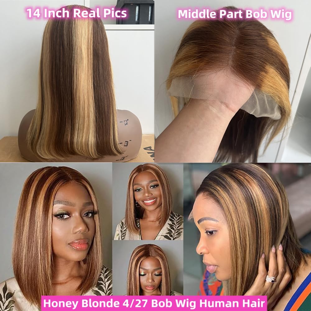 Superfect Highlight Lace Front Bob Wig Human Hair 14 Inch Ombre Honey Blonde 13X4 Hd Lace Front Wigs Human Hair Pre Plucked Midd