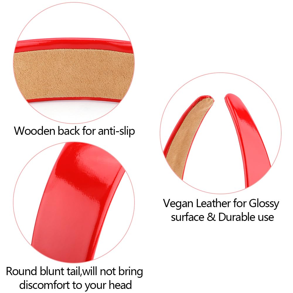 Ahoney Red Headband For Women Girls Glossy Vegan Leather Headband Non Slip 1.18'' Wide Plain Head Band Solid Hair Band Diy Holid