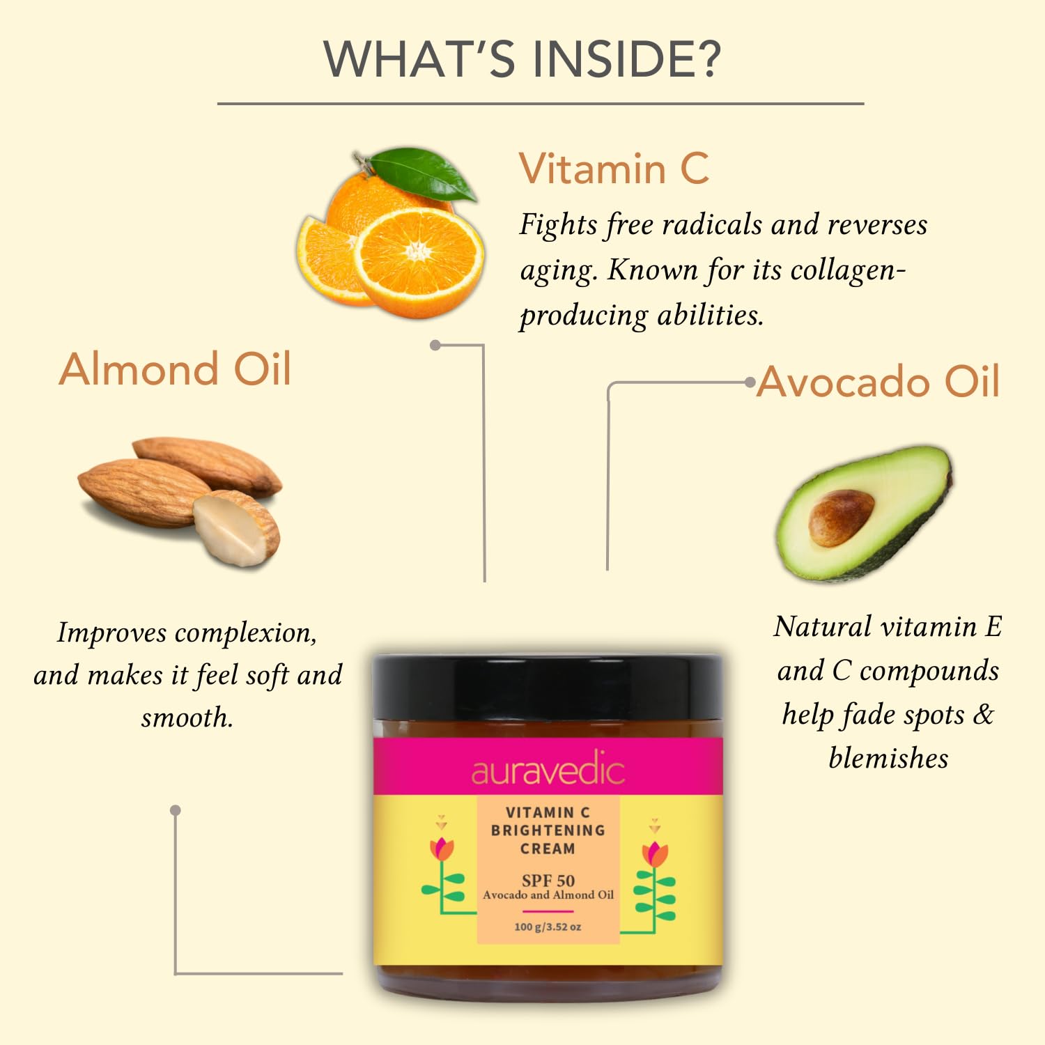 Auravedic Vitamin C Face Cream with SPF 50 | Reduces Sun Damage & Revives Dull Skin | Organic Hydration | Argan & Avocado Oil In