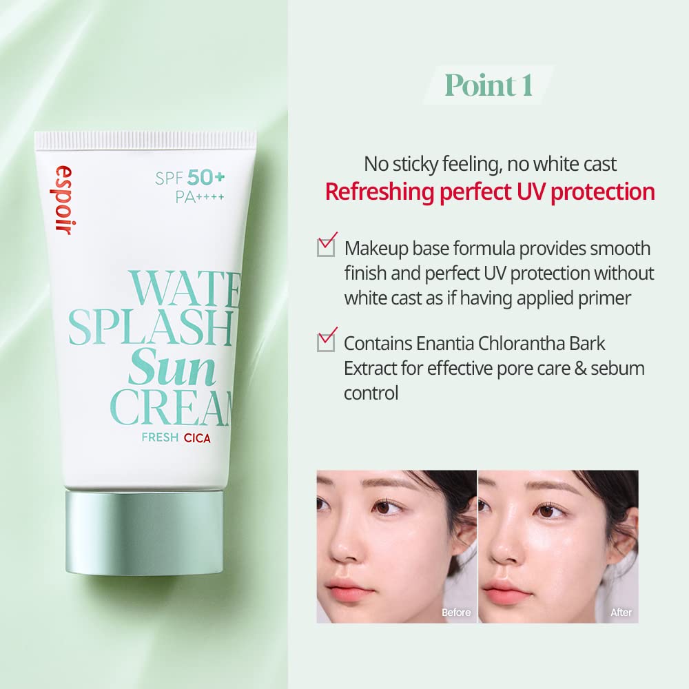 Espoir Water Splash Sun Cream Fresh Cica 2 oz SPF50+ PA++++ | Moisturizing and Soothing Vegan Sun Block Skin Care with Green Tea
