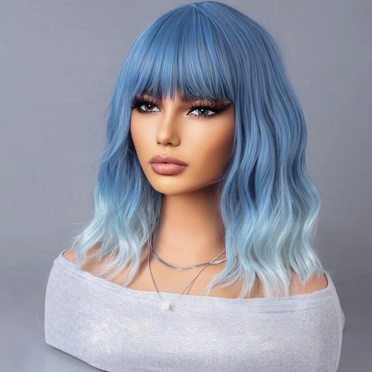 Wthcos Blue Ombre Short Bob Wig Blue To Light Blue Wig Short Curly Wavy Wig With Bangs For Women Ombre Blue Wig Heat Resistant S