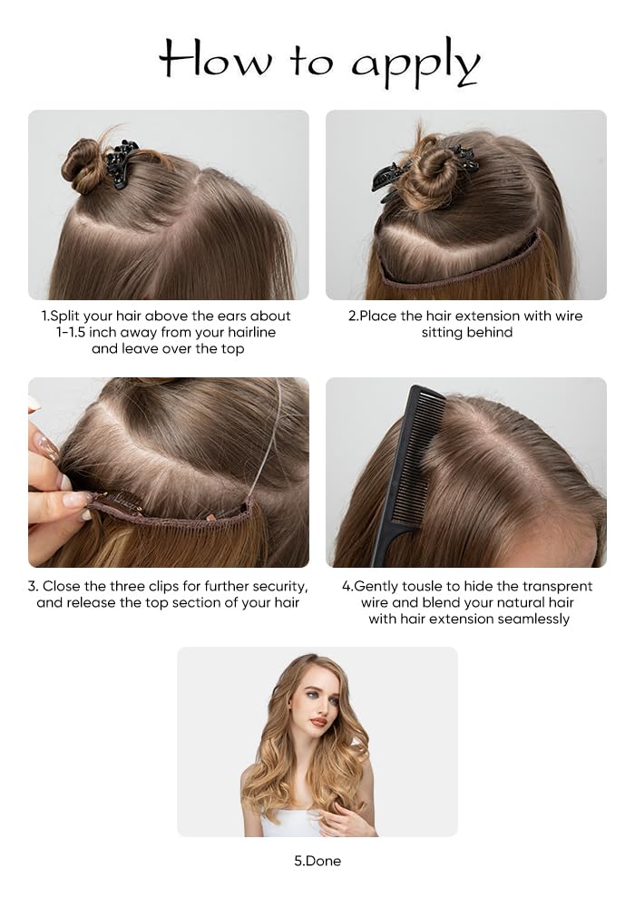 Sarla Dark Brown Invisible Wire Hair Extensions With 3 Clips Long Synthetic Wavy Curly Hairpiece Adjustable Transparent Headband