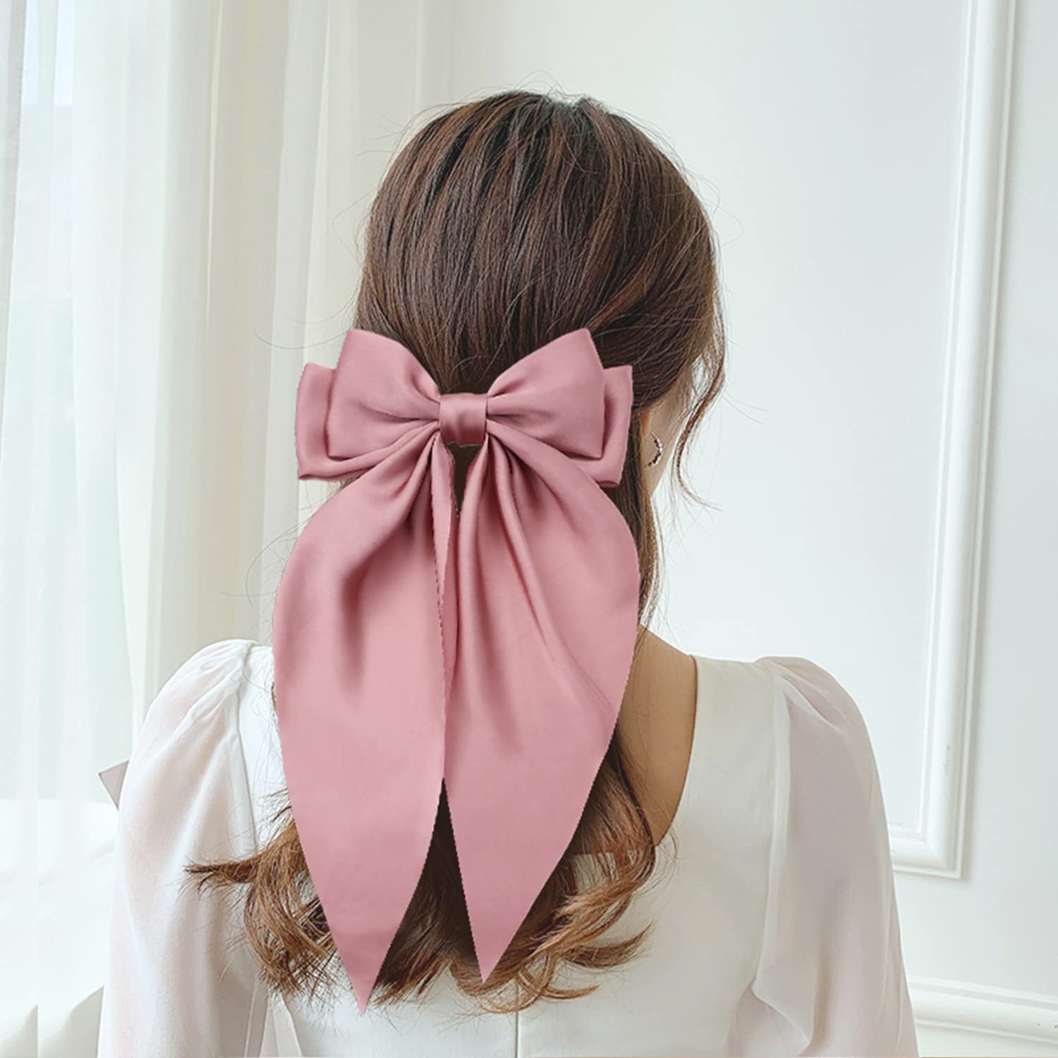 Lawie 6 Pack Satin Large Hair Bows Big Oversized Giant Bow Hair Clips French Barrettes with Long Silky Ribbon Bowknot Bun Ponyta