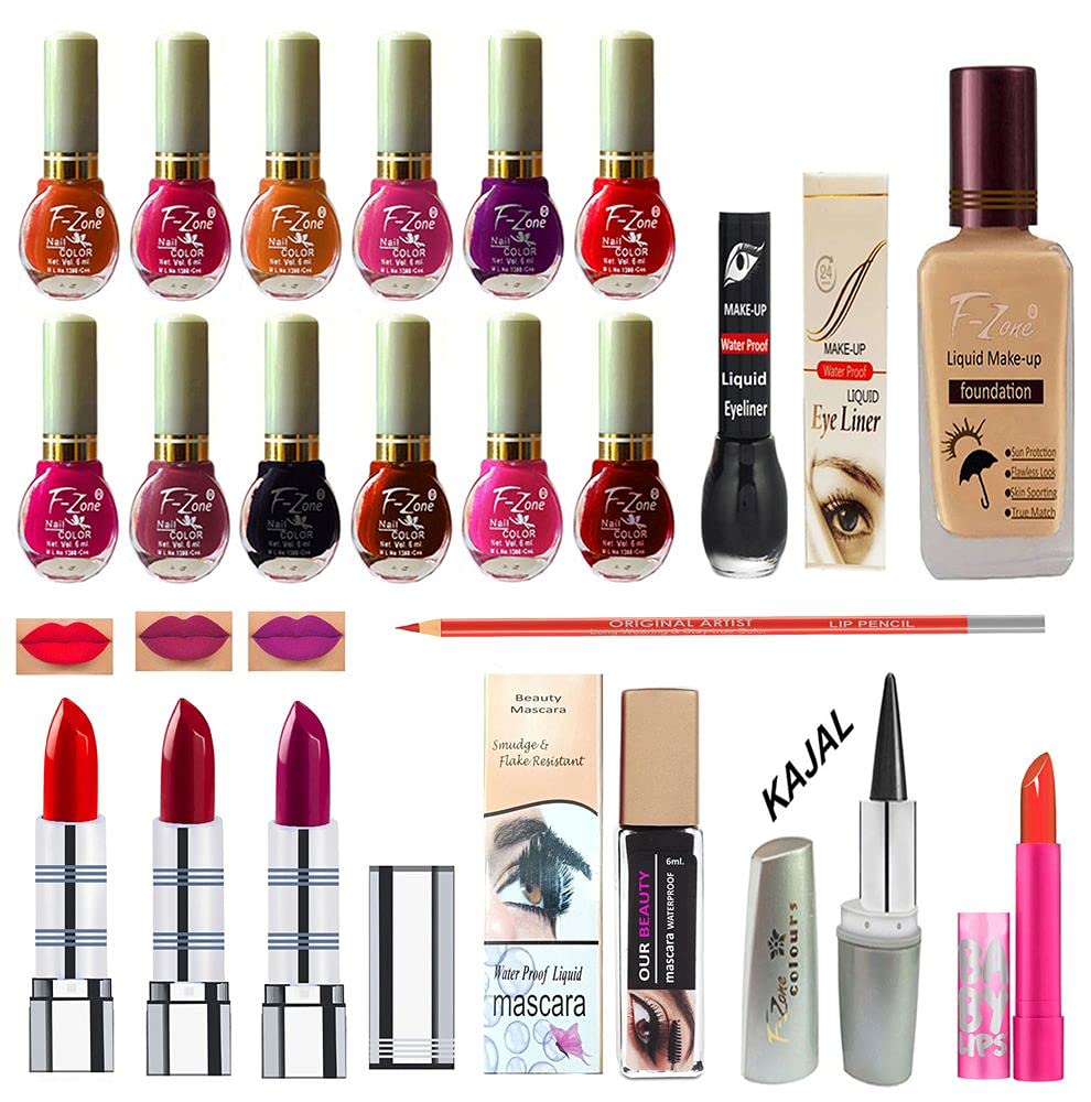 F Zone Makeup Kit With 12 Nail Polish Eye Liner Foundation 3 Lipstick Mascara Lip Balm And Kajal Vc81