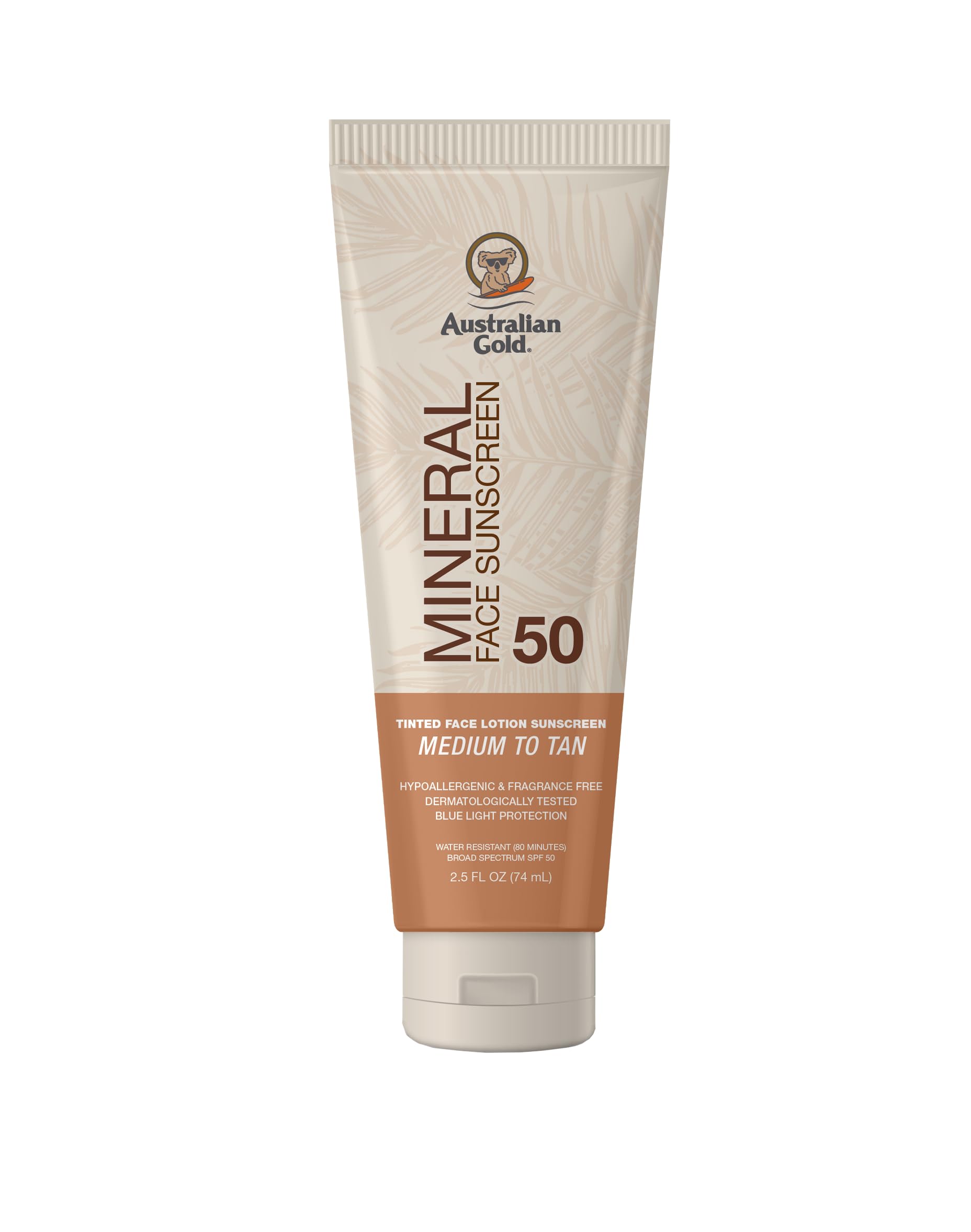Australian Gold SPF 50 Tinted Mineral Face Sunscreen, Medium to Tan, 2.5 fl oz, Broad Spectrum, Non-Greasy BB Cream with Blue Li