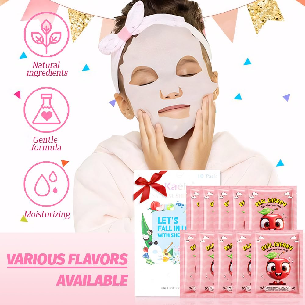 Kaely 10 Pack Cherry Face Masks For Kids, Spa Party Facial Mask Skincare Set, Sheet Masks Skin Care, Moisturize Brighten Soothe