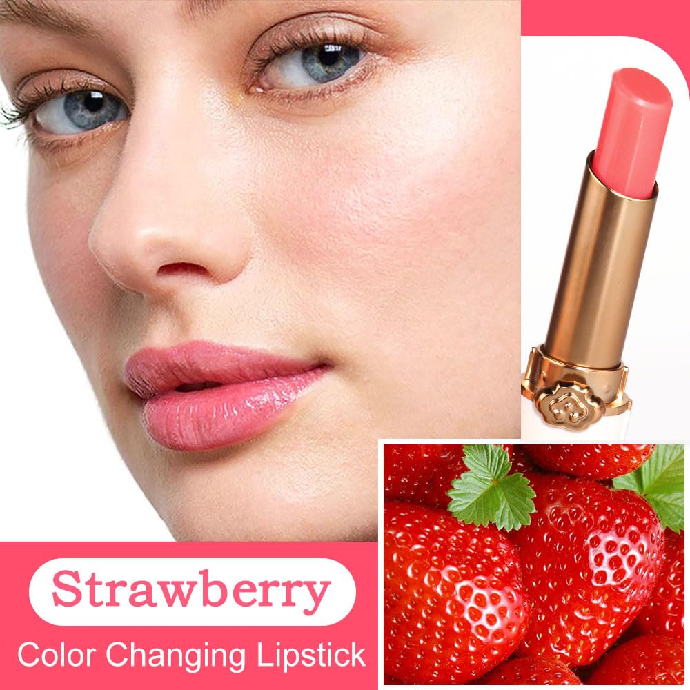 Kaely 2Pcs Strawberry Tinted Lip Balm,Ph Lipstick Color Changing Makeup Sets,Light Pink Lip Tint Gloss,Korean Lip Stain Lips Col