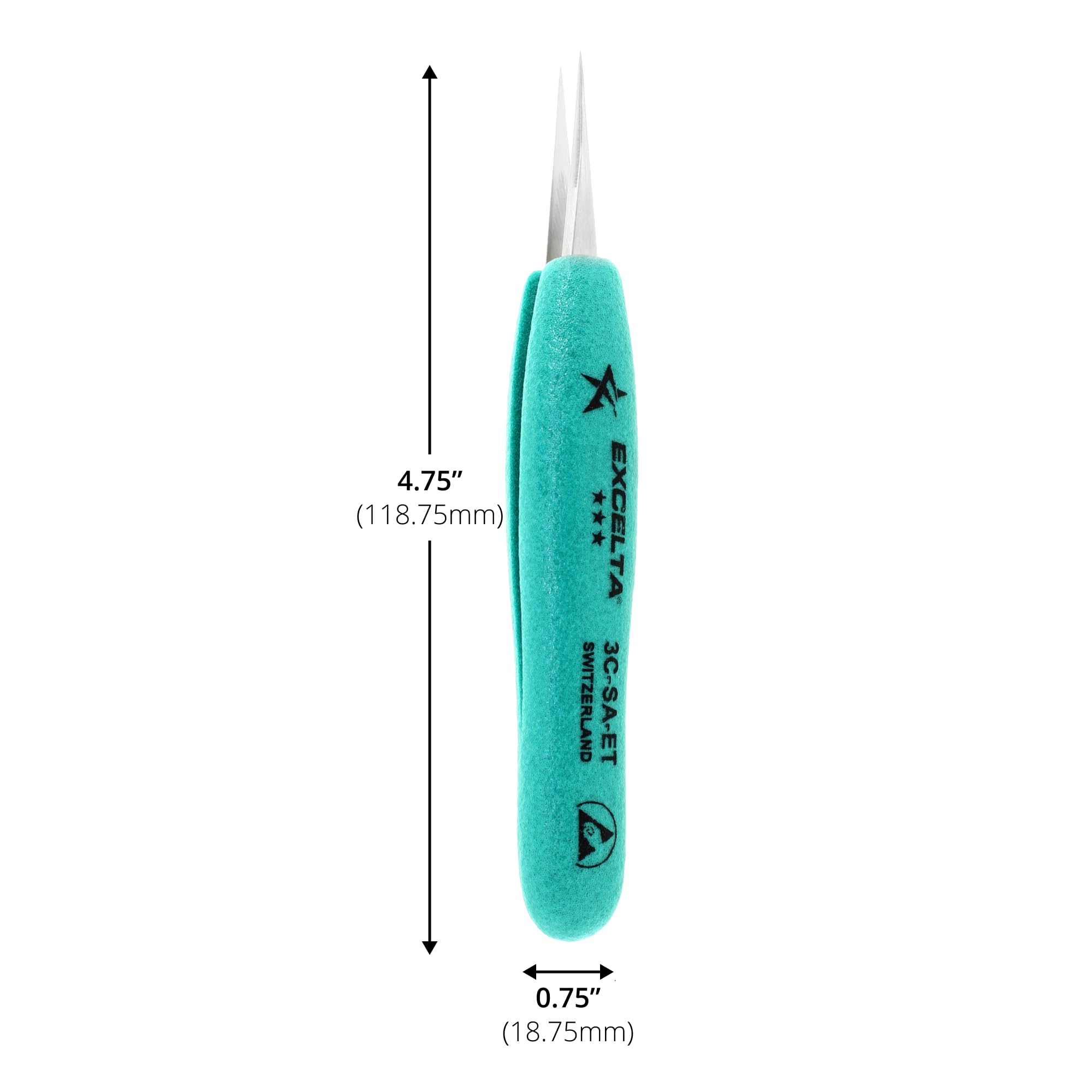 Excelta 3C-SA-ET Straight Very Fine Precision Pointed Tweezers, Ergo-Tweeze TealShield Soft Cushioned Grips, Anti-Magnetic Never