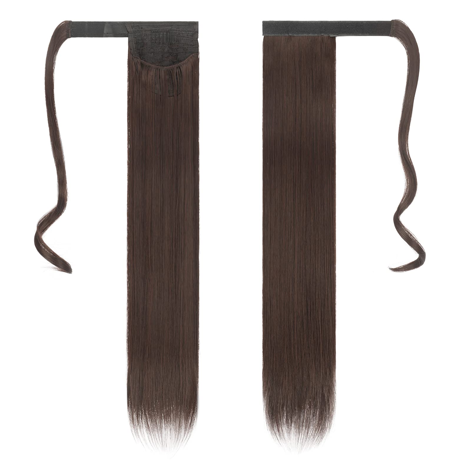 Feshfen Straight Long Ponytail Extensions 24 Inch Wrap Around Synthetic Reddish Dark Brown Ponytails Hair Piece Pony Tail Hair E