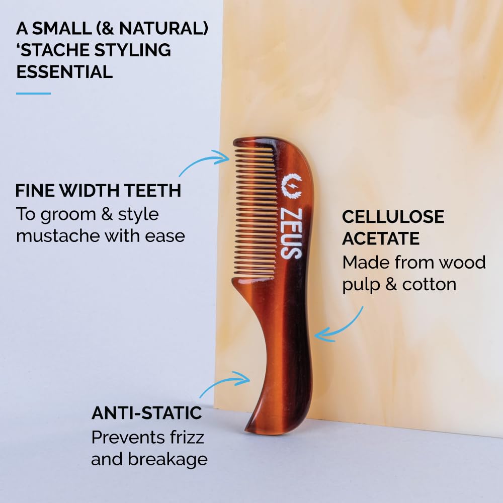 ZEUS 3-Pack Handmade Saw-Cut Mustache Comb, Fined Toothed, Durable Cellulose, Hand Polished, Pocket Comb & Beard Comb for Mustac