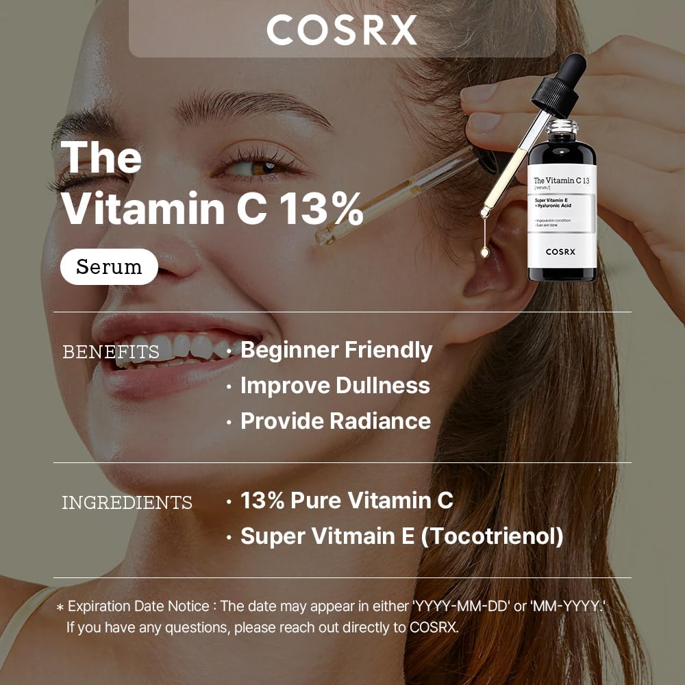 Cosrx Pure Vitamin C 13% Serum With Vitamin E & Hyaluronic Acid, Hydrating Facial Serum For Fine Lines, Uneven Skin Tone & Dull