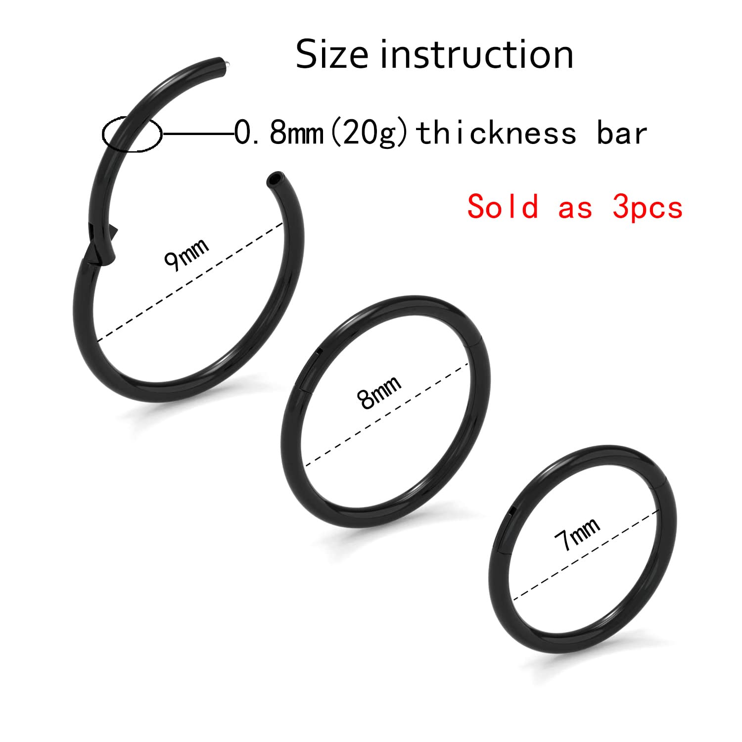 NewkeepsR 20G Black Nose Ring Hoops,0.8mm Hypoallergenic Steel Hinged Clicker Clasp Sleeper Earrings,20 Gauge Seamless Thin Lip