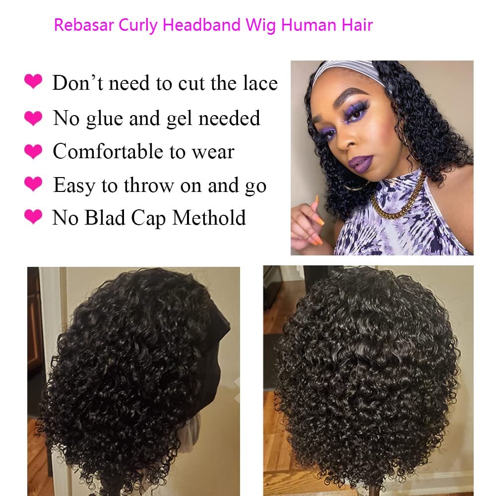 Rebasar Curly Headband Wig Human Hair Wigs for Black Women Human Hair 22 Inch Long No Lace Front Wigs Human Hair Glueless Deep W