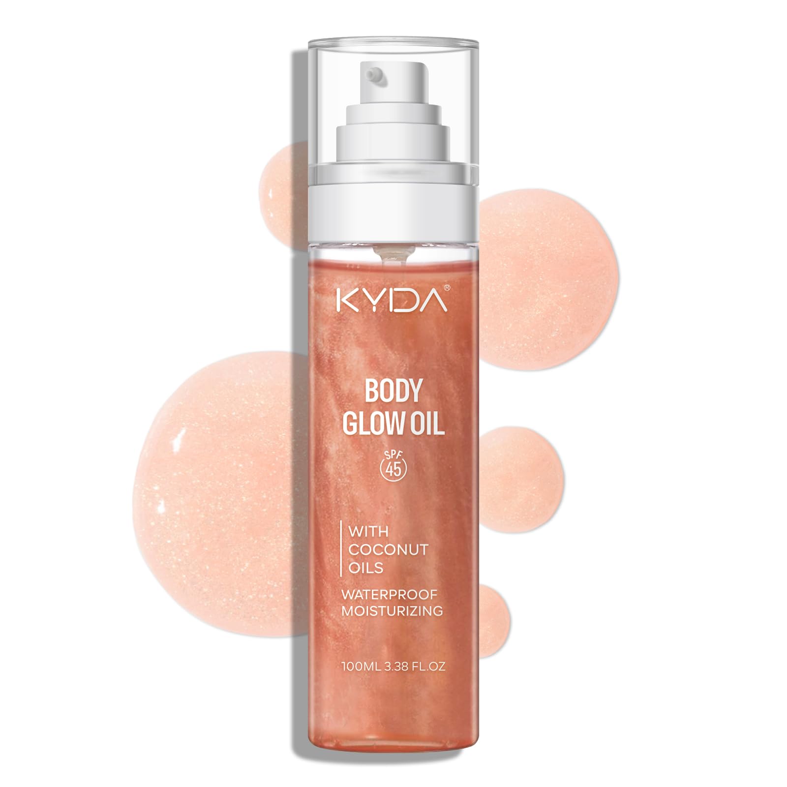 KYDA Body Glow Oil, SPF 45 Broad Spectrum, Sunscreen Body Oil with Rose Gold Mica, Moisturizing Coconut, Glow Moisturizer, Light