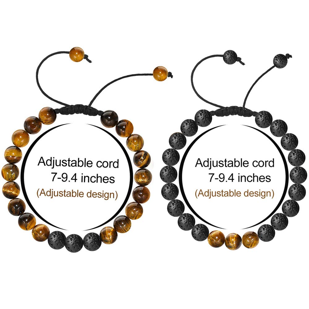 M MOOHAM Bead Bracelet for Mens Gifts, Natural Tiger Eye Black Lava Rock Stone Mens Anxiety Bracelets, Adjustable Aromatherapy E
