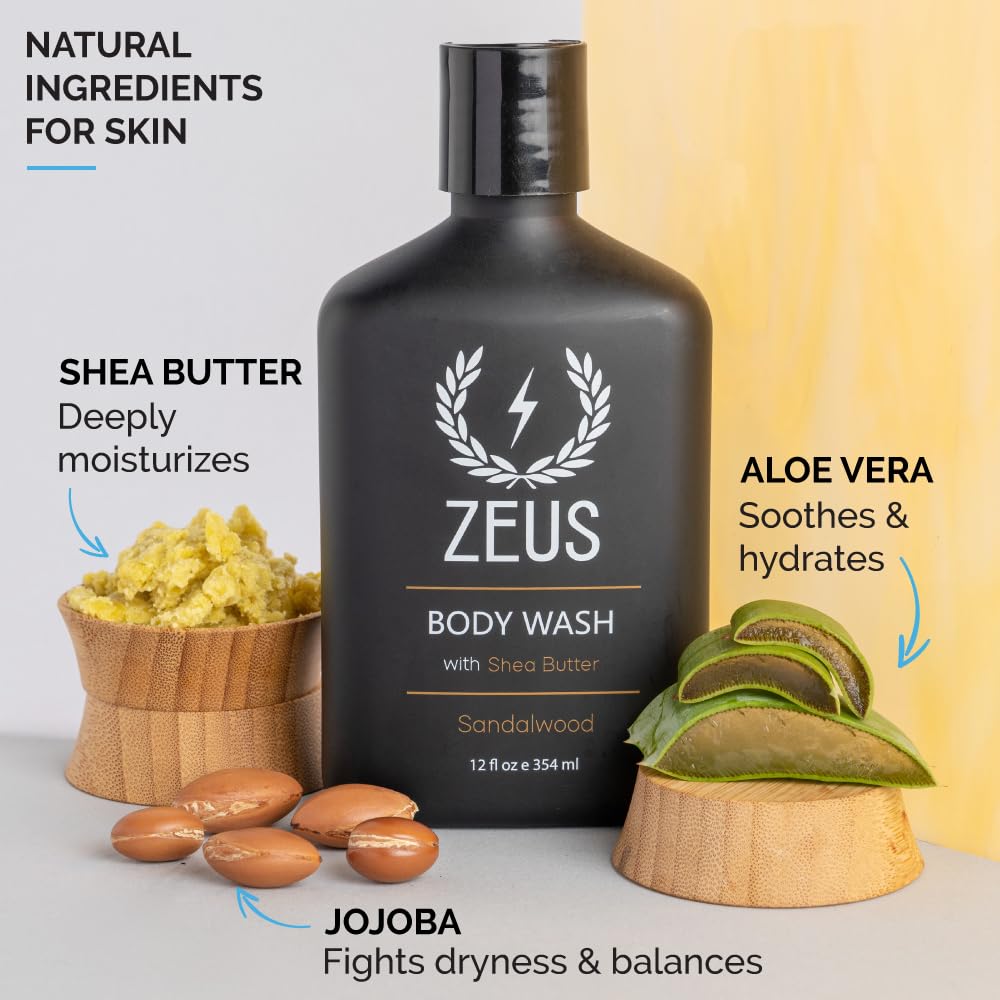 Zeus Body Wash With Shea Butter & Aloe Vera For Men, All Natural With Essential Oils, Invigorating Skin Reviving Body Cleansing
