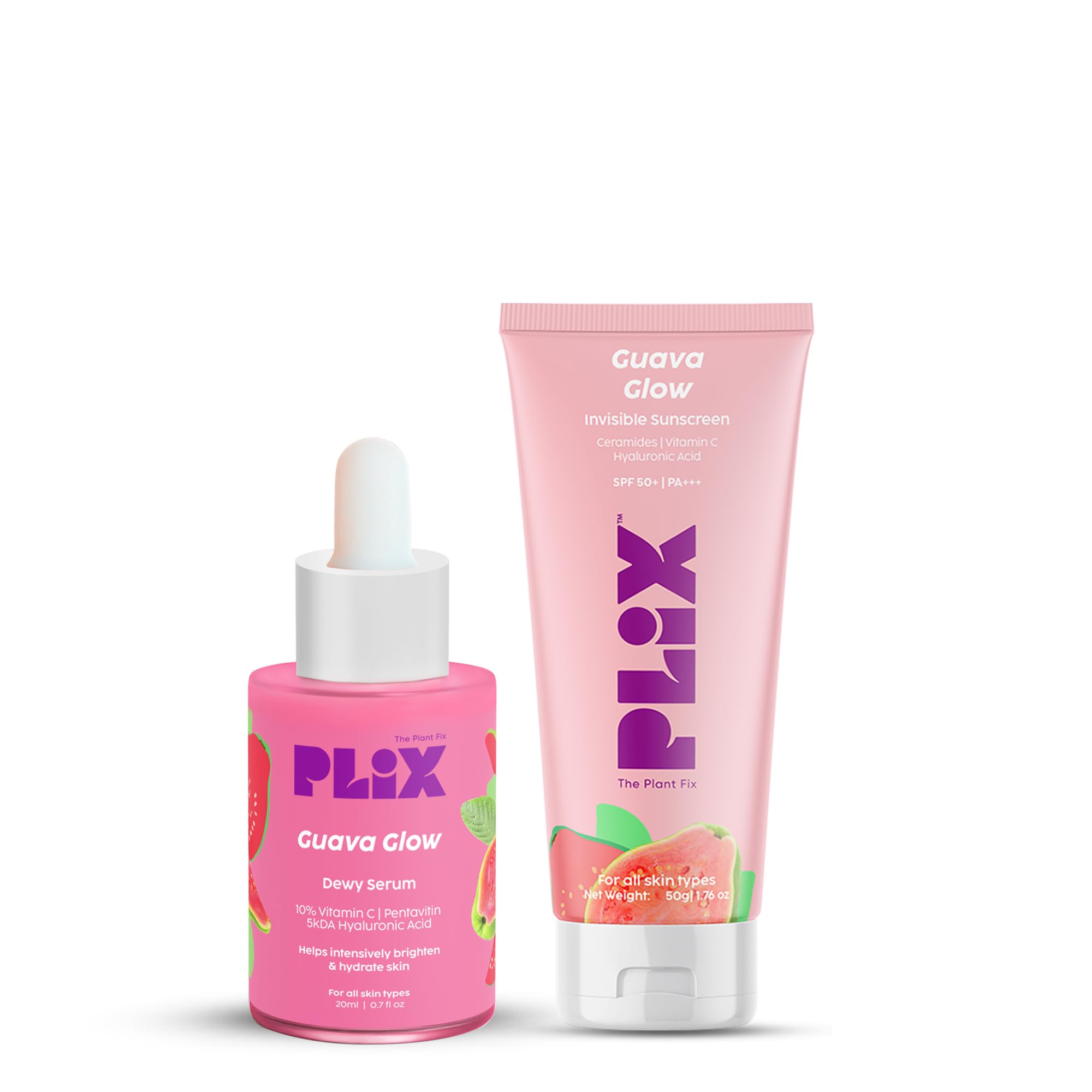 The Plant Fix Plix Spf 50+ Guava Glow Sunscreen-50G & 10% Vitamin C Guava Face Serum-20Ml Combo, For Uv A, Uv B Protection & Ski