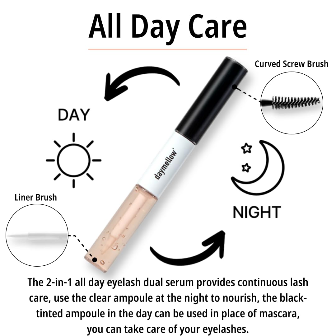 daymellow All Day Eyelash Dual Serum 0.34fl.oz/10ml, 2-in-1, Eyelash Serum, Black Beans, Peptide, Panthenol, Enhancing, to Grow