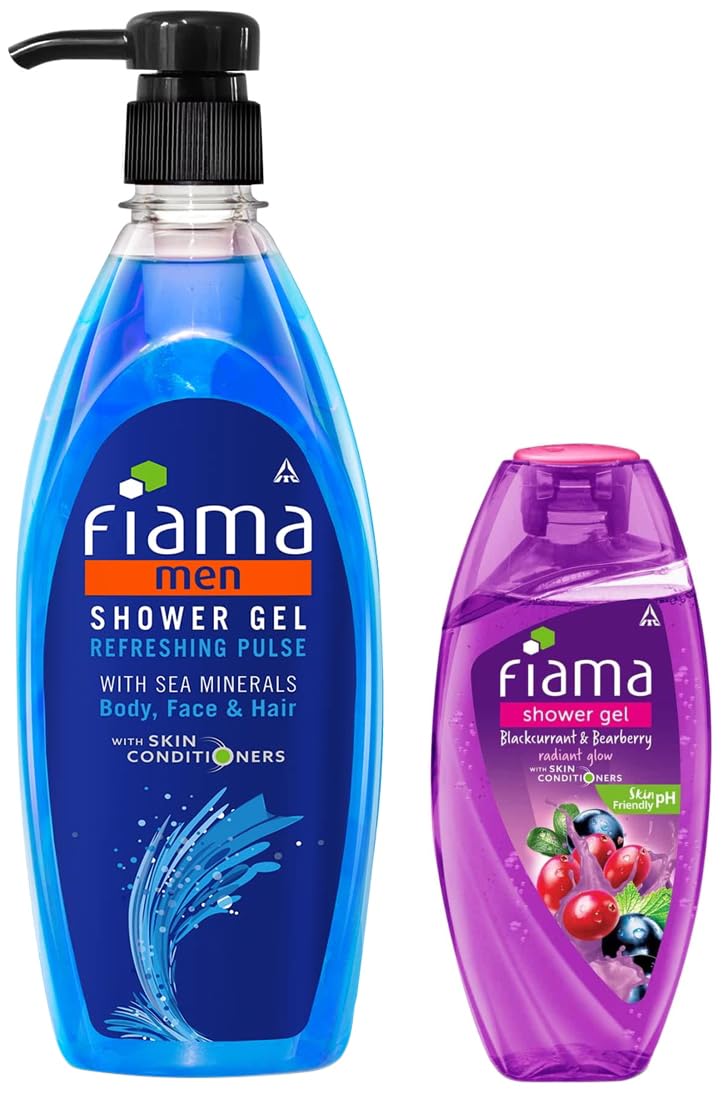 Fiama Men Shower Gel Refreshing Pulse, 500Ml Pump & Fiama Shower Gel Blackcurrant & Bearberry Body Wash With Skin Conditioners F