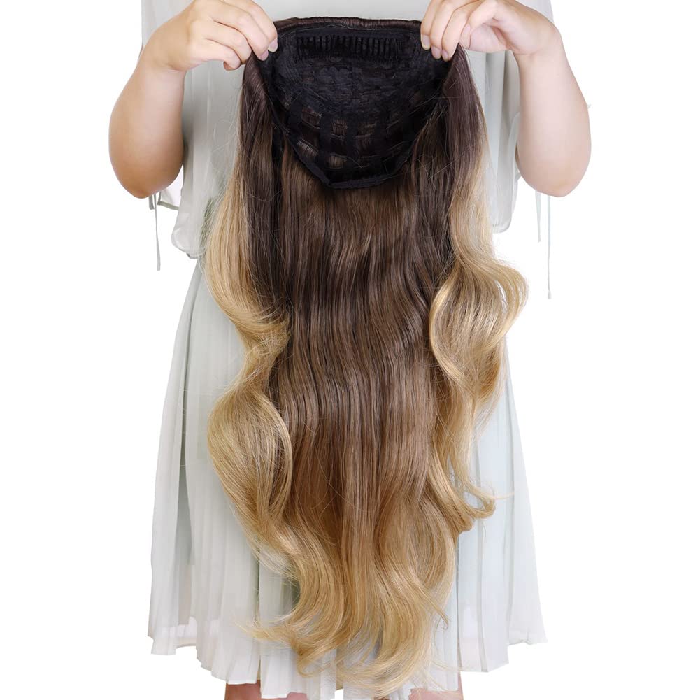 24'' Long Wavy Clip in Half Head Tied Wig Blonde Premium Japanese Synthetic Kanekalon fibers Hair Extensions For Women 210g 7-2-