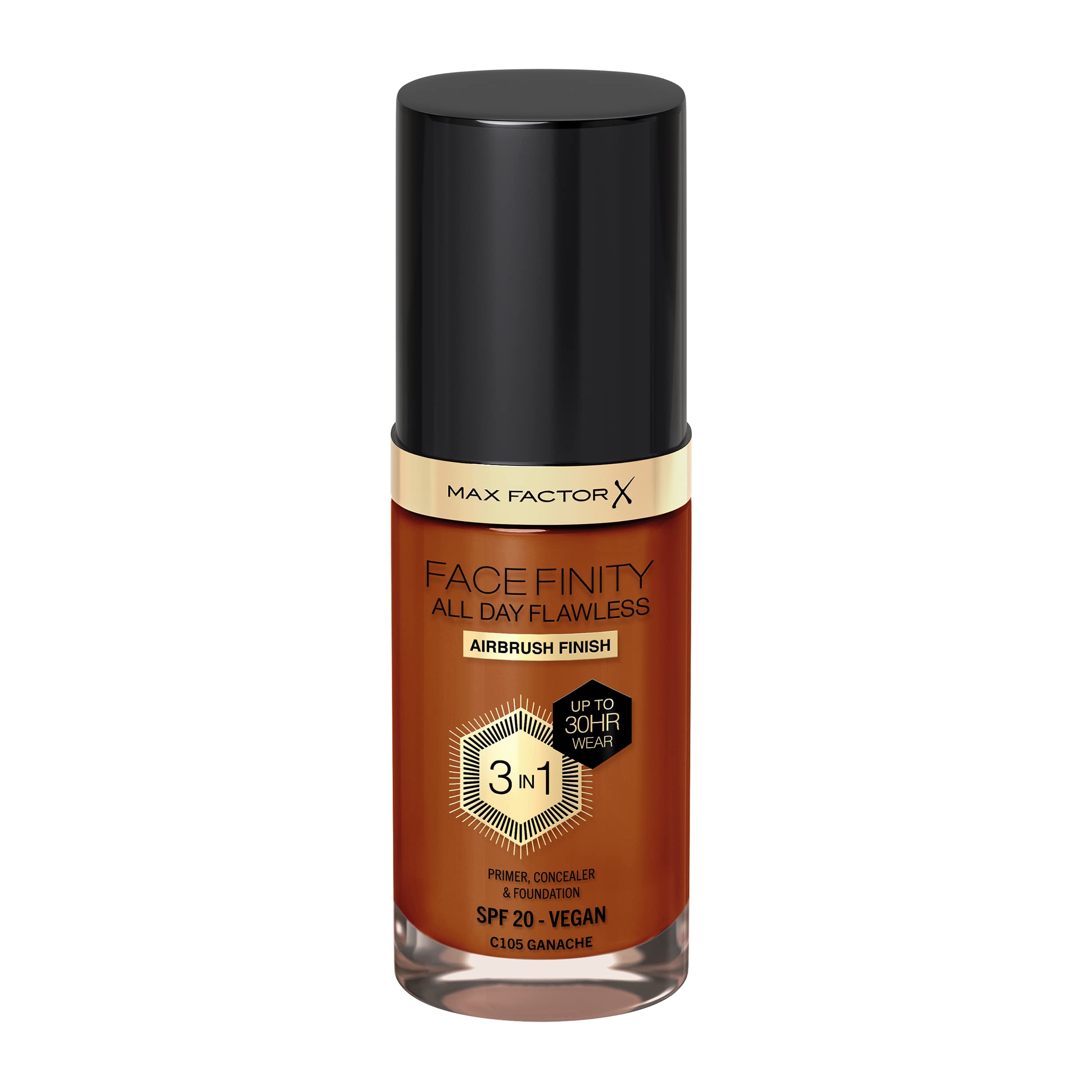 Max Factor Facefinity 3-In-1 All Day Flawless Foundation, Spf 20, Ganache, 30Ml
