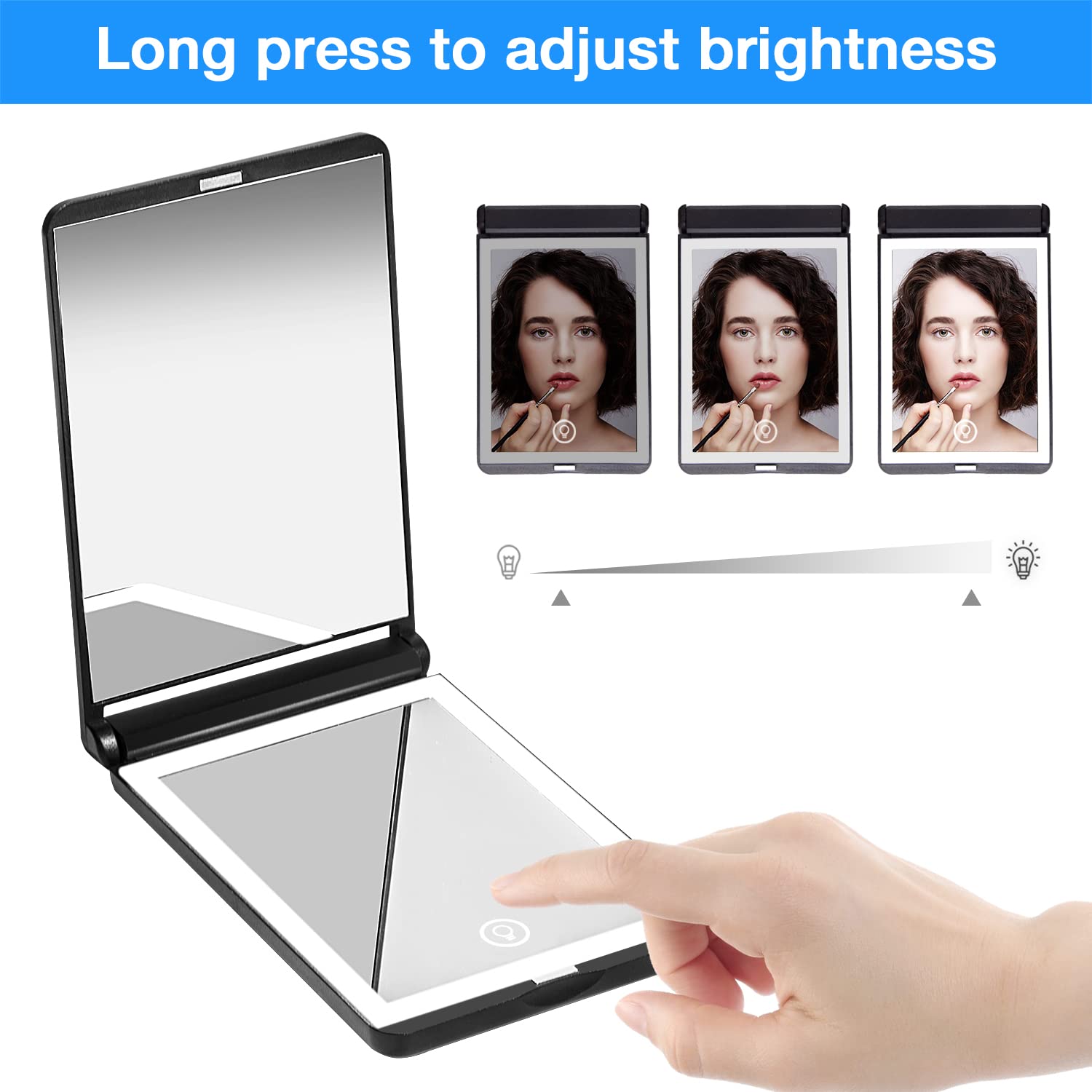Wobsion Travel Mirror With Light, Rechargeable Lighted Compact Mirror, 1X/3X Magnifying Mirror With 23 Leds,300   Flip Folding P